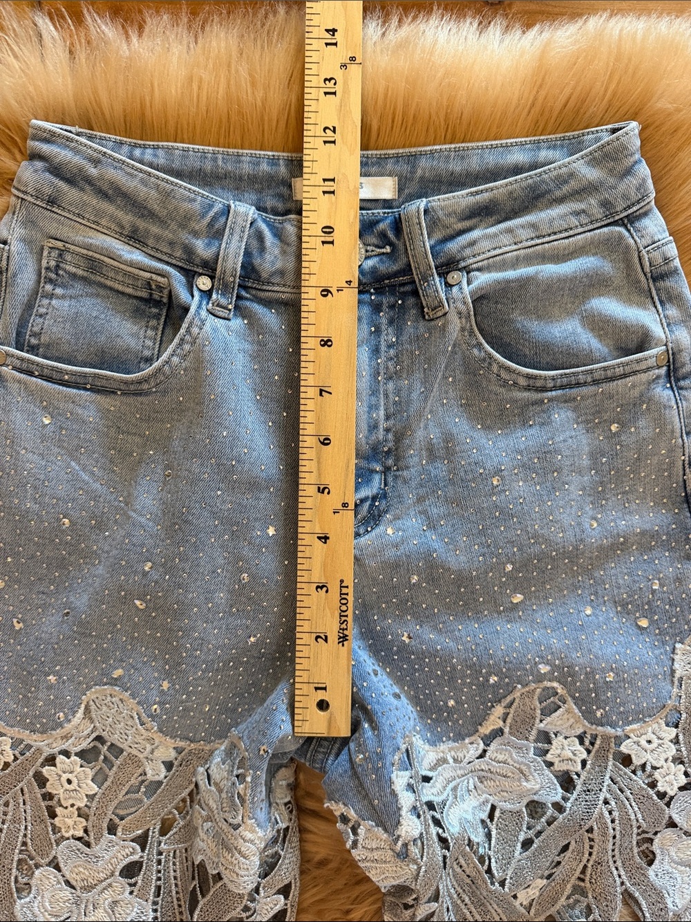 Bayeas Los Angeles Lace Panel Rhinestone Straight-Leg Jeans size 26 - Picture 7 of 15